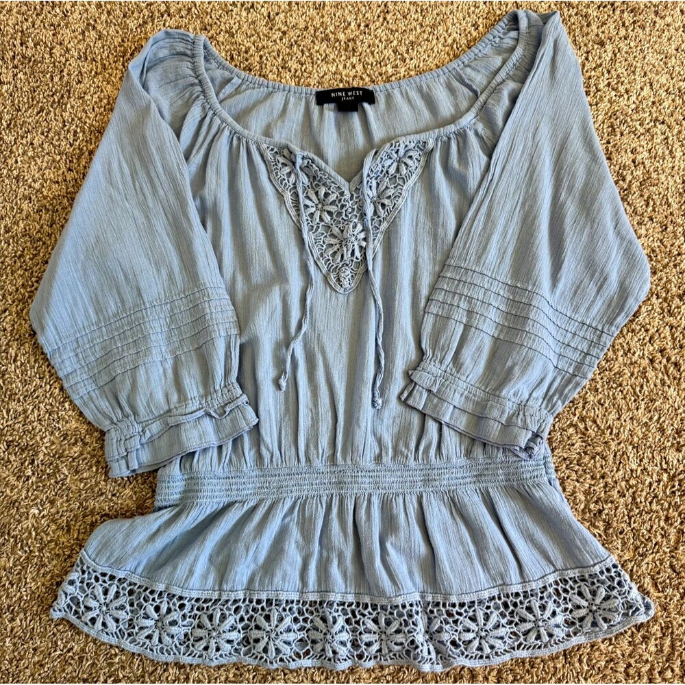 Nine West Womens Blouse M Light Blue Crochet Accent Round Neck Collarless Tie